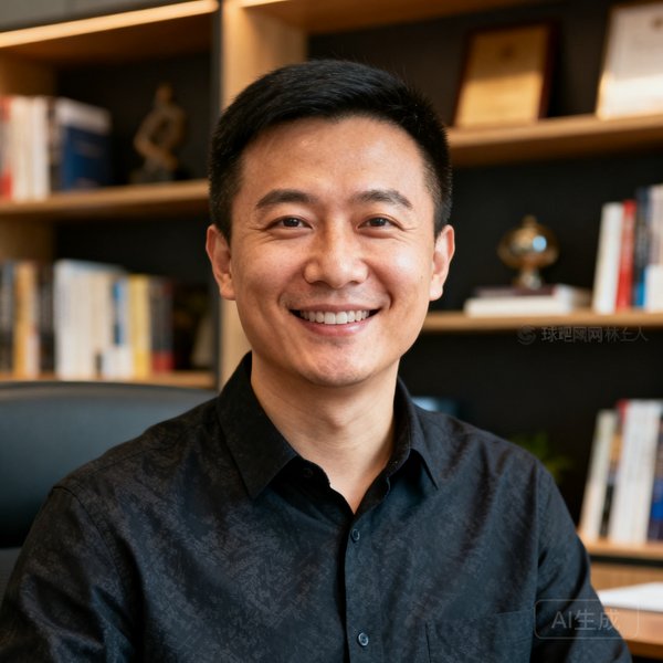 球吧网创始人林正宇的正面半身肖像照，身着深色衬衫面带微笑，背景为办公室书架